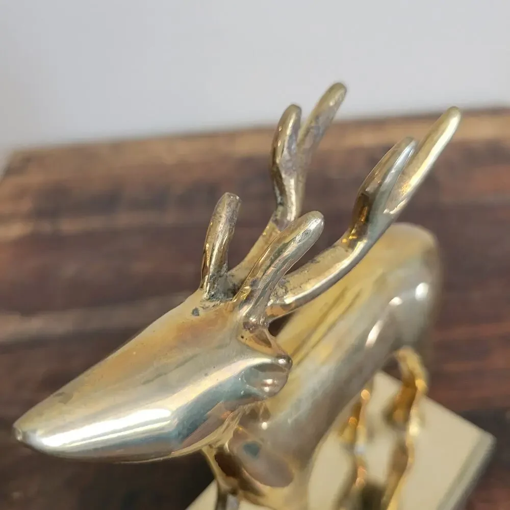 Vintage Brass Reindeer Stocking Hanger Long Arm Heavy Mantel Hook Stag 5.75